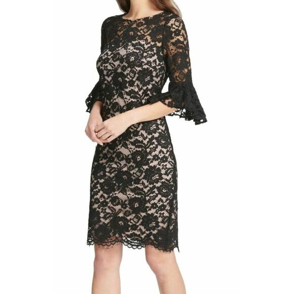 DKNY Black Sheath Embroidered Lace Cocktail Wedding Bell Sleeves Dress Size 4 - Picture 1 of 6